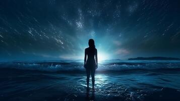tabel van schuin vrouw staand in oceaan Bij nacht en in beweging naar wolk wit sprankelend ruimte. creatief hulpbron, ai gegenereerd foto