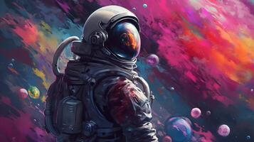 verbazingwekkend verbeelden van een ruimte pionier in een kleurrijk bubbels universum Aan een onmiskenbaar planeet. ai gegenereerd foto