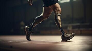 dichtbij gehandicapt Mens concurrent met been prothese. creatief hulpbron, ai gegenereerd foto