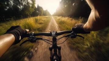 fiets, wielersport en ontwikkeling wolk met een sport- persoon Holding omgaan met bars in tonen ernstig afkeer richting van de realiteit dat rijden Open zien Bij detailopname gezichtspunt creatief hulpbron, ai gegenereerd foto