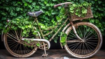 fiets beveiligd met groen blad ring, eco en milieu concept. creatief hulpbron, ai gegenereerd foto