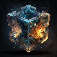 tesseract met fractal ontwerp in bestellen en chaos. abstract multiversum wereld met kubiek ai generatief . creatief surrealistische aarde milieu door puzzel artwork bouw foto