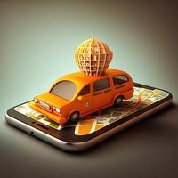 online mobiel toepassing taxi bestellen onderhoud oranje taxi auto het rijden langs de route naar de markeerstift Aan een slim telefoon, Aan een stad kaart. auto en satelliet navigatie systemen concept. generatief ai foto