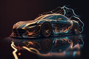 hyper auto neon achtergrond gegenereerd ai. stroomlijnen test over- de modern auto ontwerp, diffuus plastic optisch, sommige gloeiend contouren verlichten de auto details, donker tafereel, filmische bliksem foto