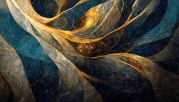 marmeren effect achtergrond of textuur. spectaculair abstract glinsterend gouden solide vloeistof golven. wervelende gouden en blauw pastel patroon, schijnend gouden kleur, marmeren geometrisch, generatief ai foto