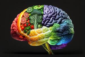 menselijk hersenen gemaakt van fruit en groenten gemaakt gebruik makend van generatief ai technologie. concept van voedzaam voedingsmiddelen voor hersenen Gezondheid en geheugen. illustratie gezond hersenen voedsel naar boost hersen kracht voeding foto