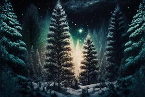 Kerstmis versierd groen net bomen in winter Woud, abstract fantasie feestelijk Kerstmis boom achtergrond hoofd behang, winter abstract landschap. zonlicht in de winter Woud. generatief ai foto