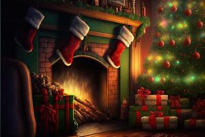 mooi vakantie versierd kamer met Kerstmis boom, haard en met presenteert. knus winter tafereel. warm kleur decor interieur. haard met Kerstmis kousen, generatief ai foto