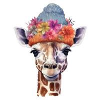 schattig giraffe in hoed met bloem. waterverf. illustratie ai generatief foto