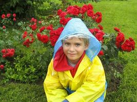portret van een jongen in een gekleurde regenjas met een kap tussen rood rozen foto