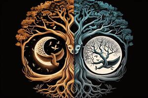 ying yang concept van balans yggdrasil boom van leven norse mythologie. balans concept. generatief ai foto