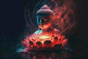 mooi licht spectrum boeddha's licht knipperend, helder rood, geel lotus bloem, brandend wolkachtig bloemblaadjes, omringd door magie chaos licht, wit rook, vallend weerspiegeld licht, water patroon. foto