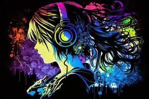 generatief ai een neon gamer anime mode meisje of vrouw vervelend koptelefoon, verloren in haar muziek. abstract achtergrond dat roept op de gevoel van verschillend genres van muziek. banier muziek- concept foto