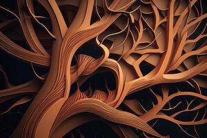 abstract ingewikkeld met elkaar verweven hout takken gemaakt met generatief ai technologie. betoverd sprookje met met elkaar verweven boom silhouetten. foto