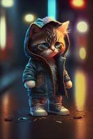 speelgoed- schattig kat in kleren jasje en sportschoenen Aan straat achtergrond met neon verlichting, generatief ai foto