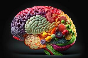 menselijk hersenen gemaakt van fruit en groenten gemaakt gebruik makend van generatief ai technologie. concept van voedzaam voedingsmiddelen voor hersenen Gezondheid en geheugen. illustratie gezond hersenen voedsel naar boost hersen kracht voeding foto