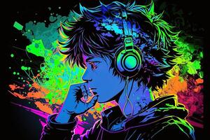 generatief ai een neon gamer anime mode jongen of Mens vervelend koptelefoon, verloren in zijn muziek. abstract achtergrond dat roept op de gevoel van verschillend genres van muziek. banier muziek- concept foto