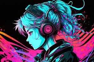 generatief ai een neon gamer anime mode meisje of vrouw vervelend koptelefoon, verloren in haar muziek. abstract achtergrond dat roept op de gevoel van verschillend genres van muziek. banier muziek- concept foto