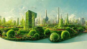 spectaculair eco-futuristisch stadsgezicht vol met groen, wolkenkrabbers, parken, en andere door de mens gemaakt groen ruimten in stedelijk Oppervlakte. groen tuin in modern stad. foto