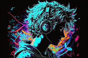 generatief ai een neon gamer anime mode jongen of Mens vervelend koptelefoon, verloren in zijn muziek. abstract achtergrond dat roept op de gevoel van verschillend genres van muziek. banier muziek- concept foto