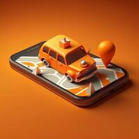 online mobiel toepassing taxi bestellen onderhoud , oranje taxi auto het rijden langs de route naar de markeerstift Aan een slim telefoon, Aan een stad kaart. auto en satelliet navigatie systemen concept. generatief ai foto
