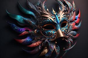 feestelijk carnaval masker met rijk decoratie, attributen van de braziliaans carnaval. Venetiaanse carnaval masker en kralen decoratie. mardi gras achtergrond. generatief ai foto