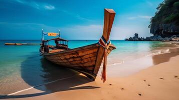 Thais traditioneel houten lange staart boot. illustratie ai generatief foto