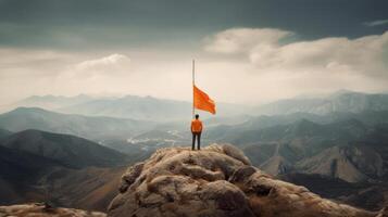 Mens met vlag Aan berg. illustratie generatief ai foto