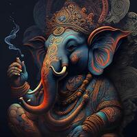 generatief ai Aan standbeeld van heer ganesha , ganesha festival. Hindoe religie en Indisch viering van diwali festival concept Aan donker, rood, geel achtergrond en kopiëren ruimte foto