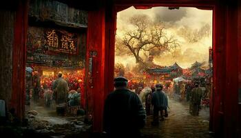 oude Chinese dorp, Chinese nieuw jaar, perzik bloem bloesem, multi vuurwerk in de lucht, bruisend markt, verdord bomen. gelukkig nieuw jaar concept. genereren ai foto