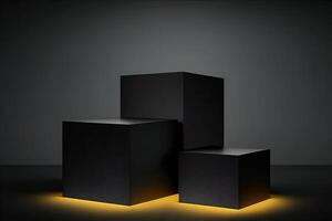 elegant drie zwart kubus staan voor Product plaatsing model. donker podium tentoonstelling tafereel achtergrond. minimaal doos platform toonzaal met plek licht generatief ai foto