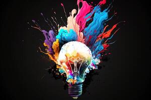 illustratie van kleurrijk lamp met plons van kleuren Aan zwart achtergrond. creativiteit, eureka, verbeelding, inspiratie. generatief ai. idee en oplossing concept foto