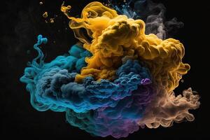 generatief ai een kleurrijk rook wolk is getoond in deze afbeelding, het looks Leuk vinden het is drijvend in de lucht en is heel donker en blauw en geel, met een zwart achtergrond. foto