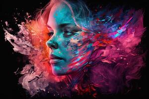 mooi fantasie abstract portret van een mooi vrouw dubbele blootstelling met een kleurrijk digitaal verf plons of ruimte nevel, generatief ai foto