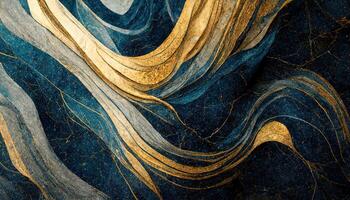 marmeren effect achtergrond of textuur. spectaculair abstract glinsterend gouden solide vloeistof golven. wervelende gouden en blauw pastel patroon, schijnend gouden kleur, marmeren geometrisch, generatief ai foto