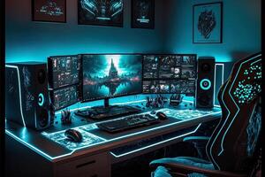 spectaculair gaming kamer interieur, gaming pc, gaming bureau, spel opstelling kamer, TV, bureau voor vijf mensen, futuristisch, LED lichten, cyberpunk kleur. generatief ai foto