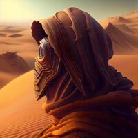 Arabisch Mens in de Sahara woestijn. 3d weergave. Afrika., ai generatief beeld foto