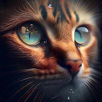 kat gezicht met water druppels Aan het. 3d illustratie. dichtbij omhoog., ai generatief beeld foto