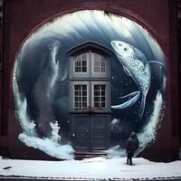 een Mens in voorkant van de Ingang naar een huis versierd met een geschilderd vis., ai generatief beeld foto