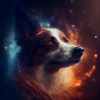 fantasie beeld van een hond in een ruimte met sterren. digitaal schilderen., ai generatief beeld foto