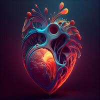 3d illustratie van abstract menselijk hart met blauw en rood elementen., ai generatief beeld foto