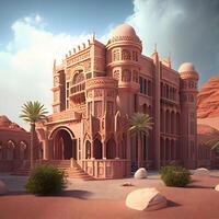 3d geven van een moskee in de woestijn met palm bomen., ai generatief beeld foto