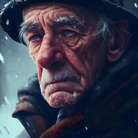 detailopname portret van een oud Mens in een hoed en regenjas., ai generatief beeld foto