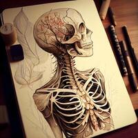 schetsen van menselijk skelet Aan de tafel met potloden., ai generatief beeld foto