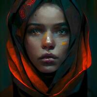 portret van een mooi meisje met helder bedenken en een rood sluier., ai generatief beeld foto