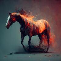 paard in brand en rook, 3d weergave. computer digitaal tekening., ai generatief beeld foto