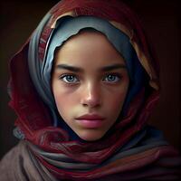 portret van een mooi jong moslim vrouw met sjaal, ai generatief beeld foto