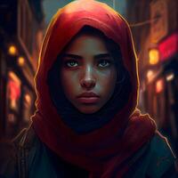 portret van een mooi vrouw in een rood sjaal Aan een stad straat., ai generatief beeld foto