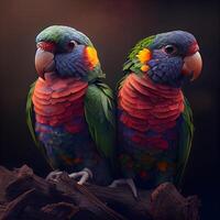 twee papegaaien zittend Aan een Afdeling. detailopname portret., ai generatief beeld foto