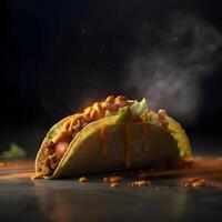 taco's met vlees en groenten Aan een zwart achtergrond. Mexicaans keuken., ai generatief beeld foto